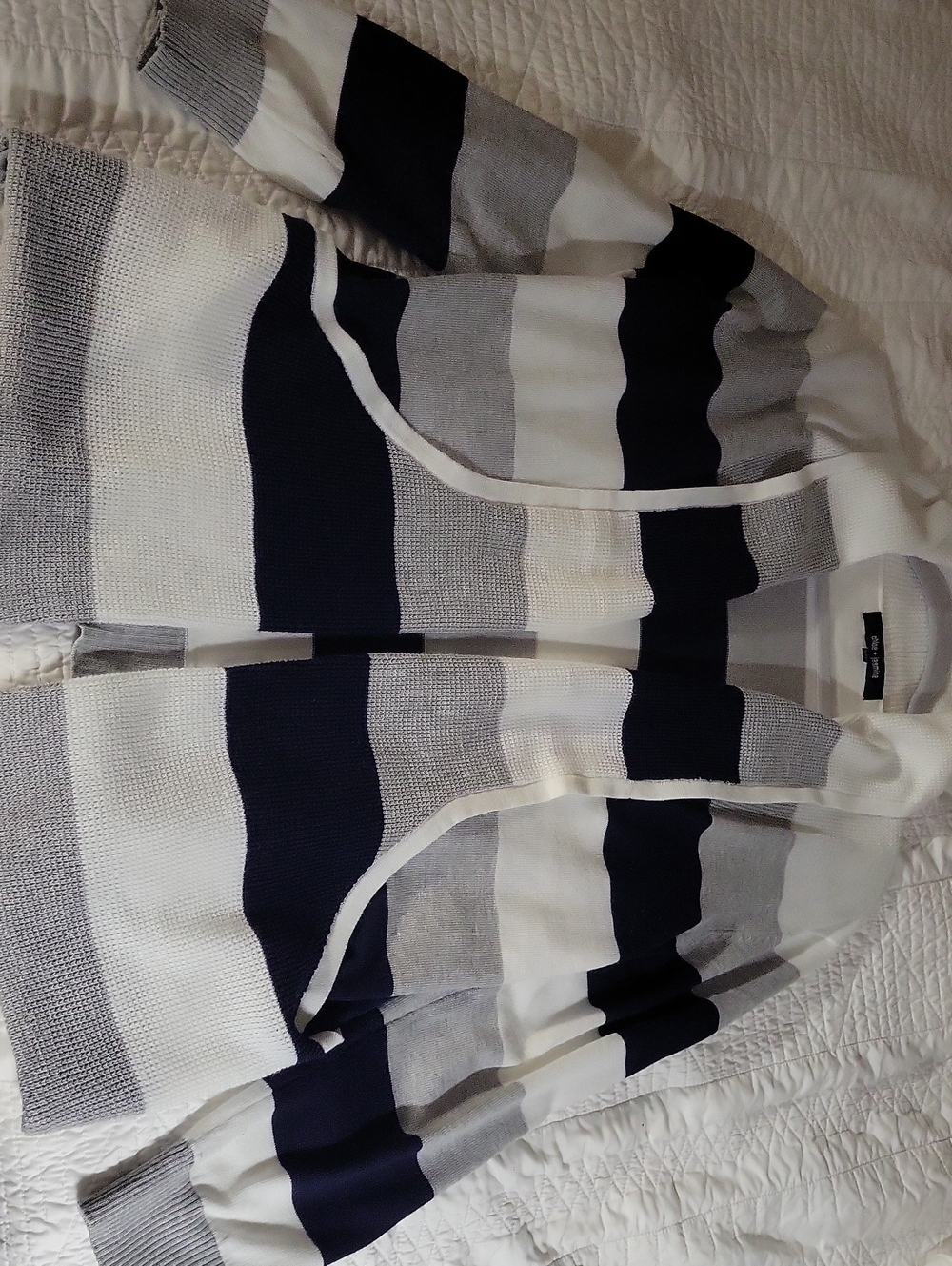 Striped Open-Front Women’s Cardigan - Navy, Gray & White